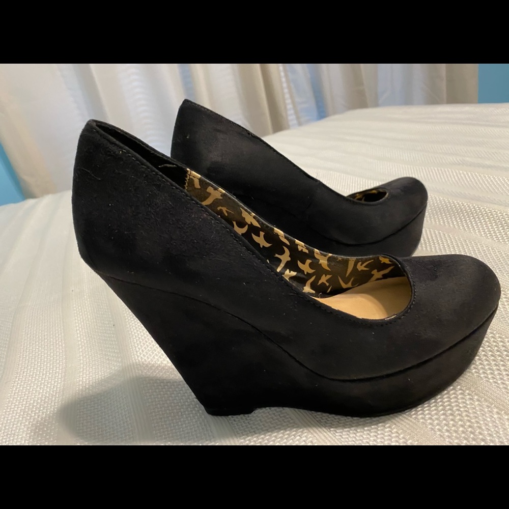 Black Suede Closed Toe Wedges